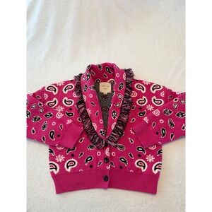 Habitual Girl Pink Paisley Fringe Shawl Collar Cardigan Sweater Size 14